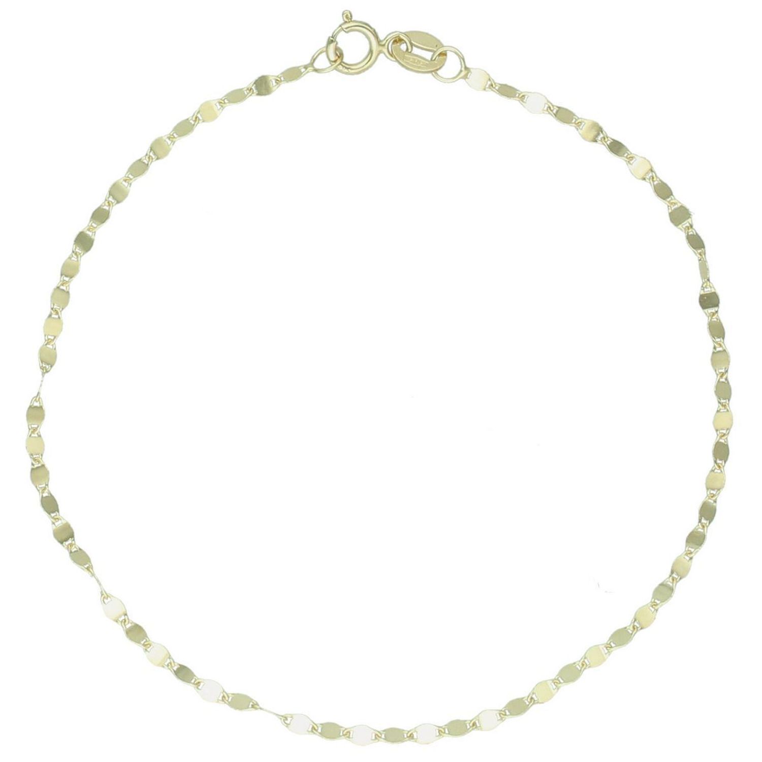 Delikatna złota bransoletka damska próby 585 złożona z drobnych blaszek. Długość 19 cm, waga 0,67 g, szerokość 1,7 mm, zapięcie na karabińczyk. 1.jpg